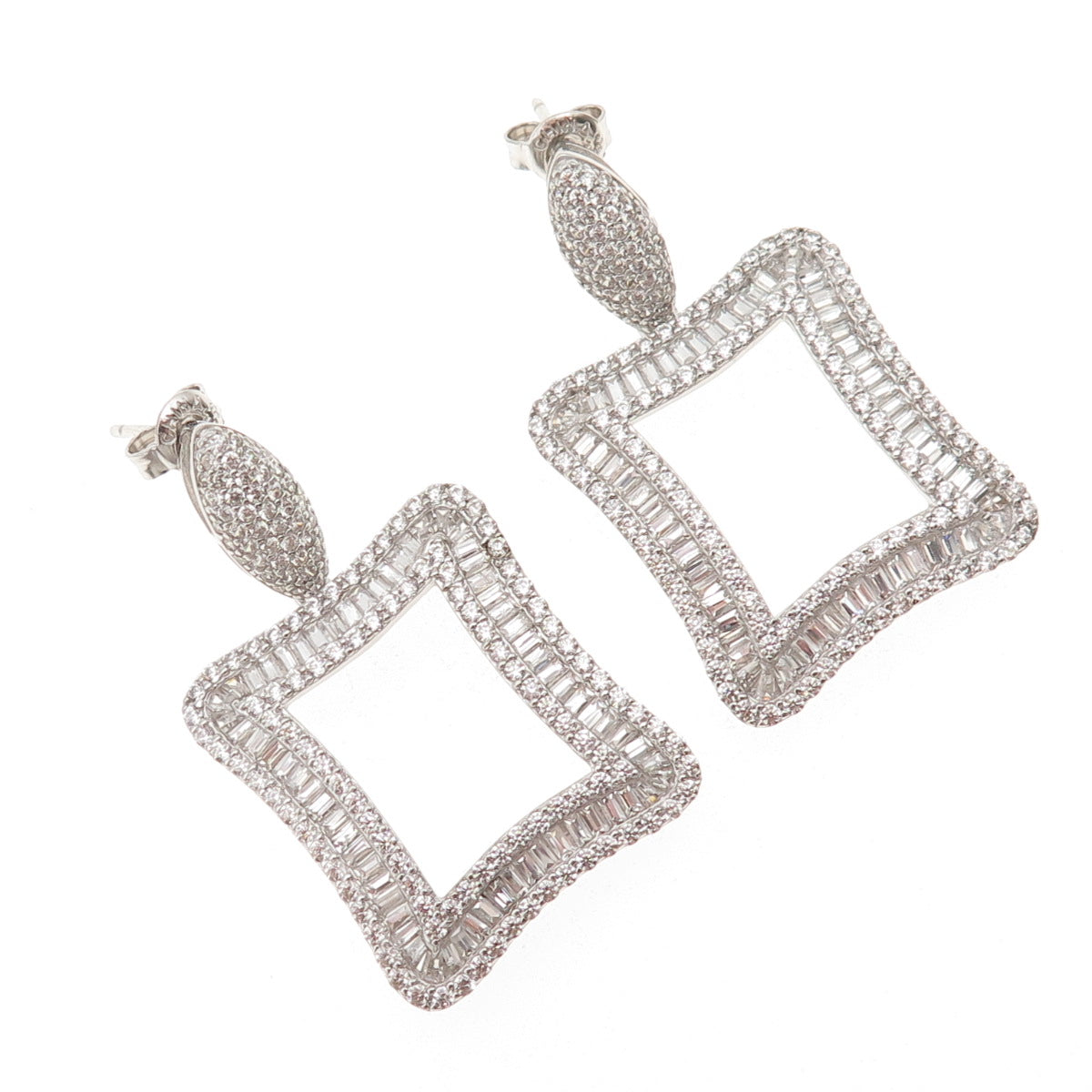 925 Sterling Silver Tapered Baguette & Round-Cut C Z Dangle Earrings
