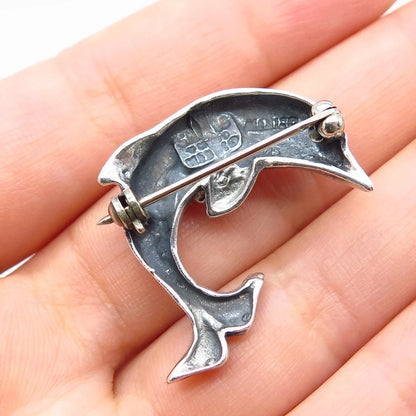 925 Sterling Silver Vintage Mexico Friendly Dolphin Pin Brooch