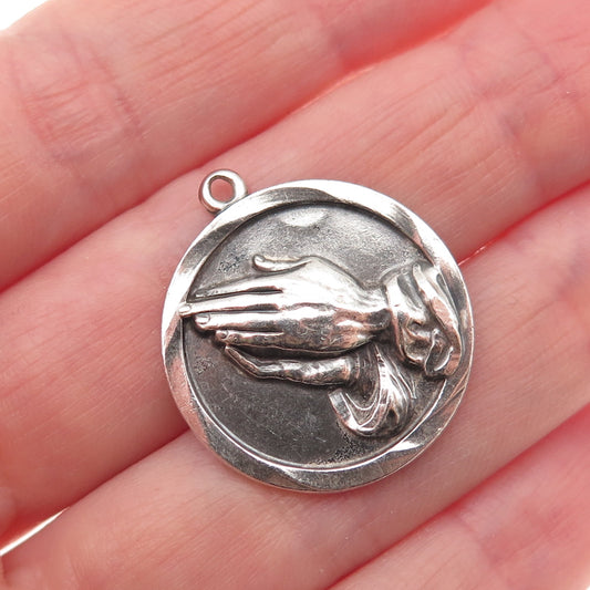 925 Sterling Silver Antique Art Deco Prayer Hands Oxidized Charm Pendant