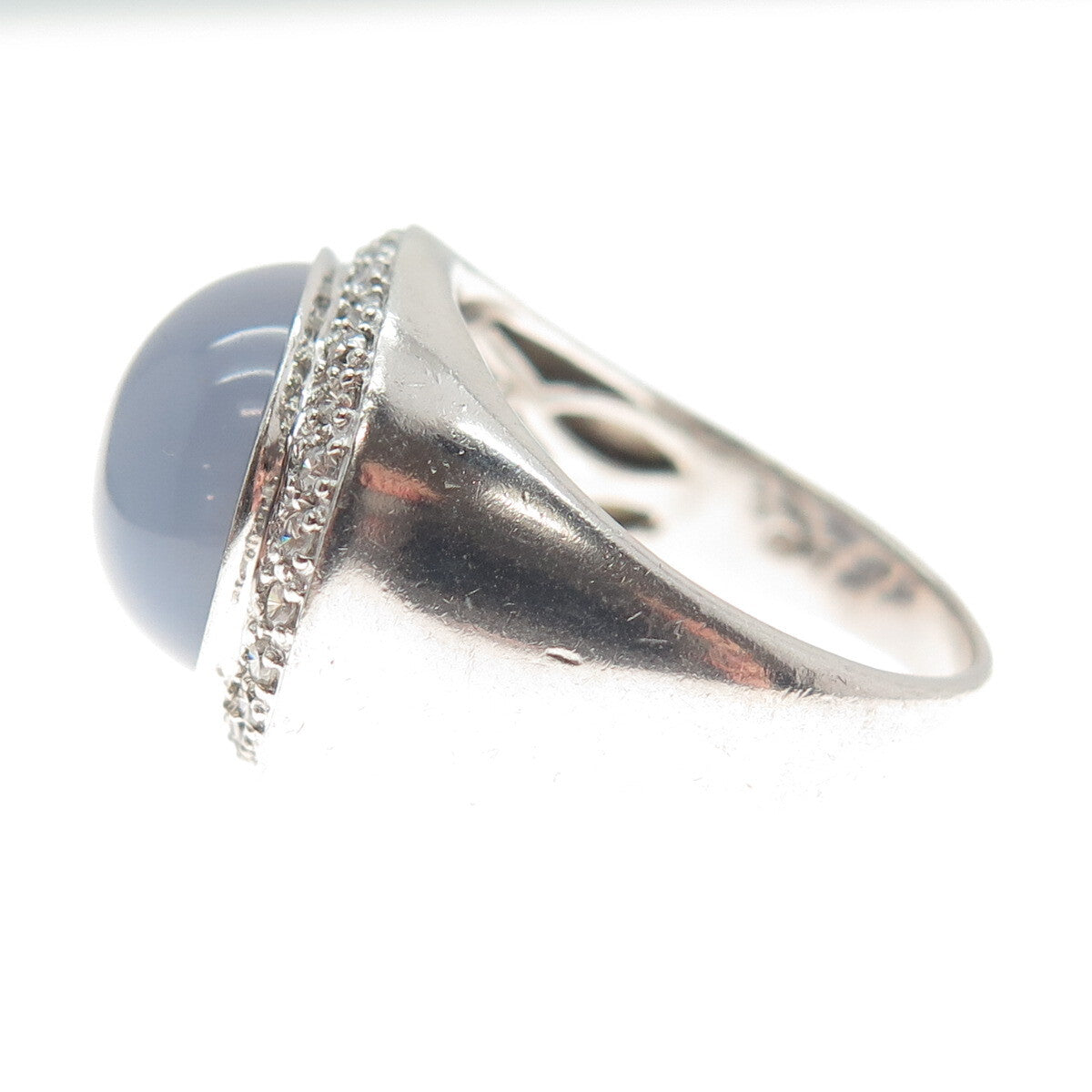925 Sterling Silver Vintage Real Oval-Cut Lavender Jade Gem & C Z Ring Size 7.25
