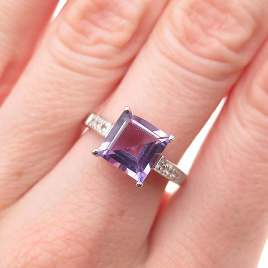 925 Sterling Silver Real Amethyst & White Topaz Ring Size 7