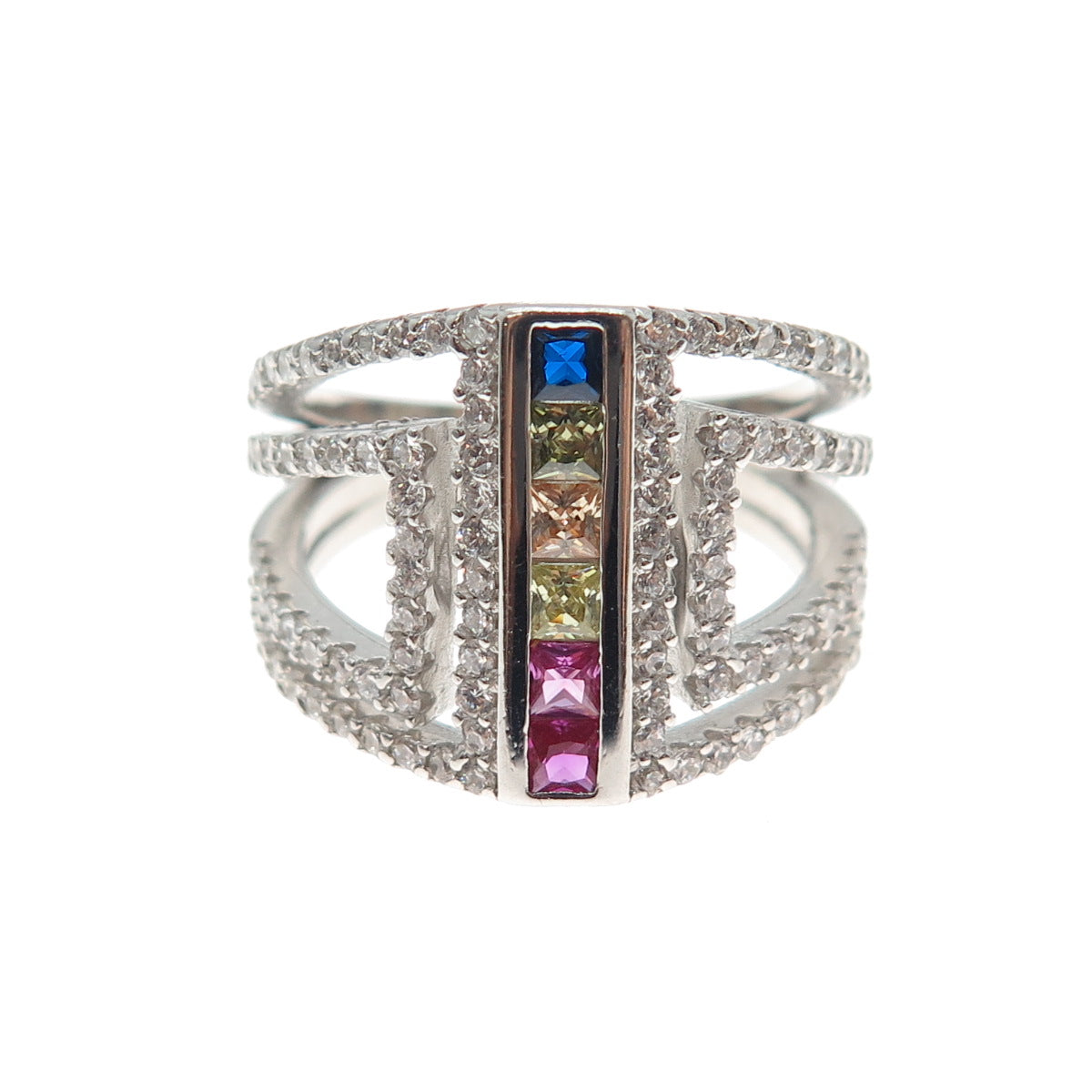 925 Sterling Silver Princess & Round-Cut Multi-Color C Z Ring Size 6.75