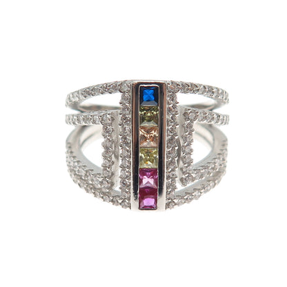 925 Sterling Silver Princess & Round-Cut Multi-Color C Z Ring Size 6.75