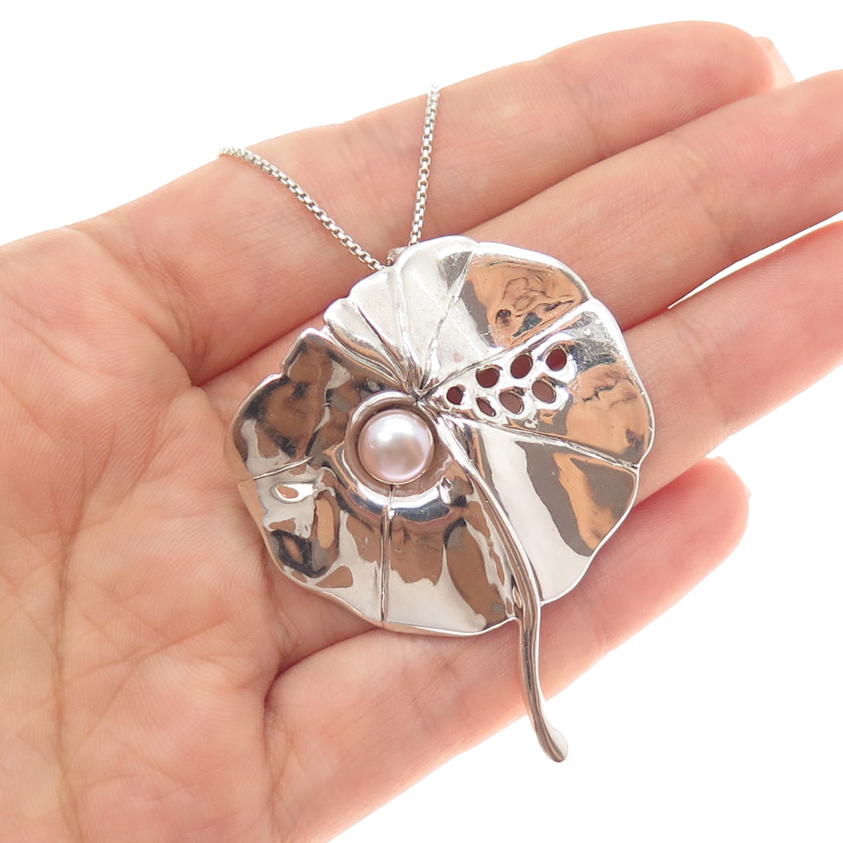 HAGIT GORALI Sterling Vintage Israel Real Pearl Floral Box Chain Necklace 28"