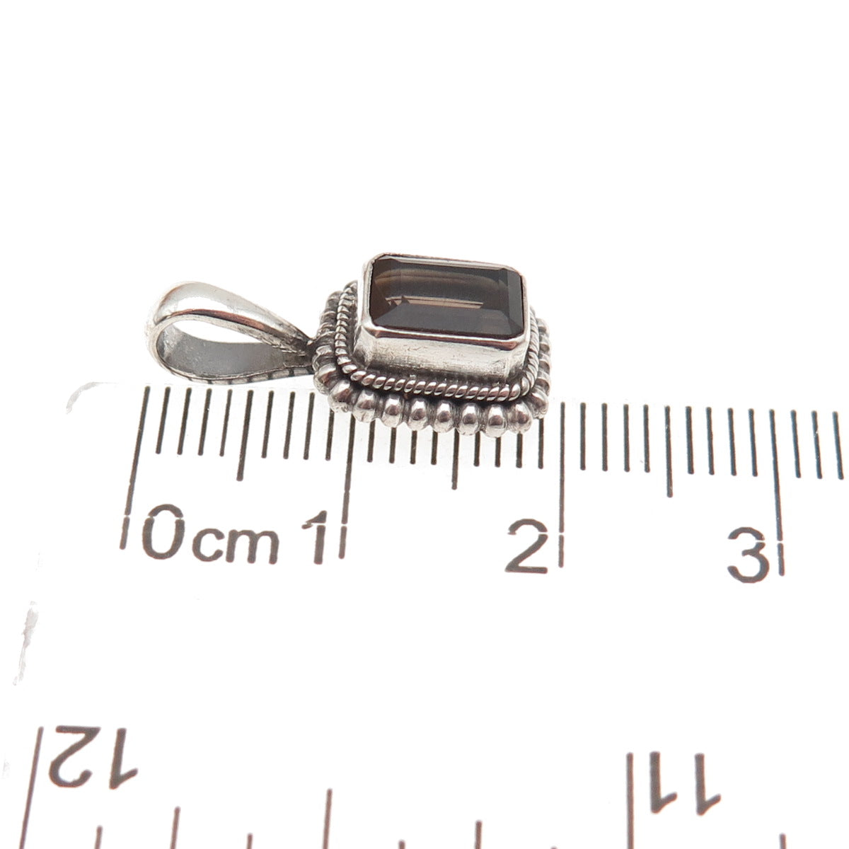 925 Sterling Silver Vintage Real Emerald-Cut Smoky Quartz Mini Charm Pendant