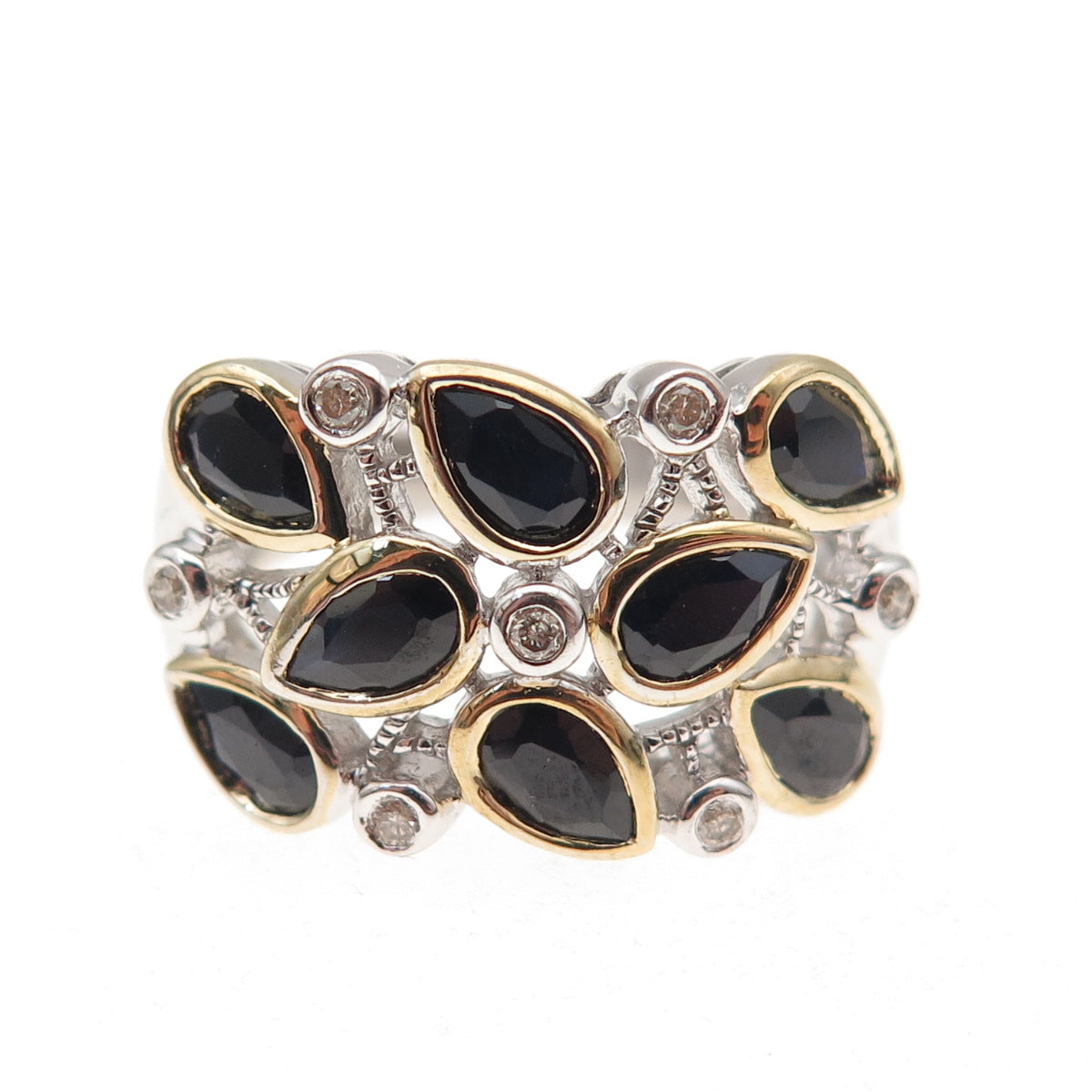 925 Sterling Silver 2-Tone Real Diamond & Sapphire Cluster Ring Size 5.75