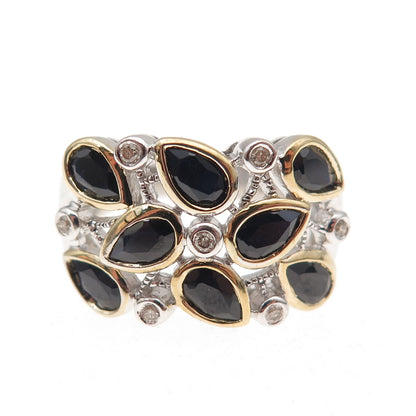 925 Sterling Silver 2-Tone Real Diamond & Sapphire Cluster Ring Size 5.75