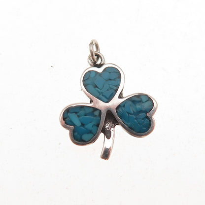 Tommy Long Navajo Old Pawn 925 Sterling Vintage Turquoise Inlay Clover Pendant