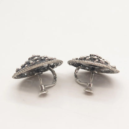 925 Sterling Silver Vintage Topazio Cannetille Round Screw Back Earrings