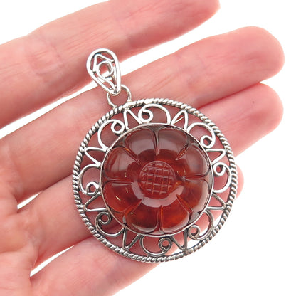 DP Doug Paulus 925 Sterling Silver Vintage Real Amber Floral Charm Pendant