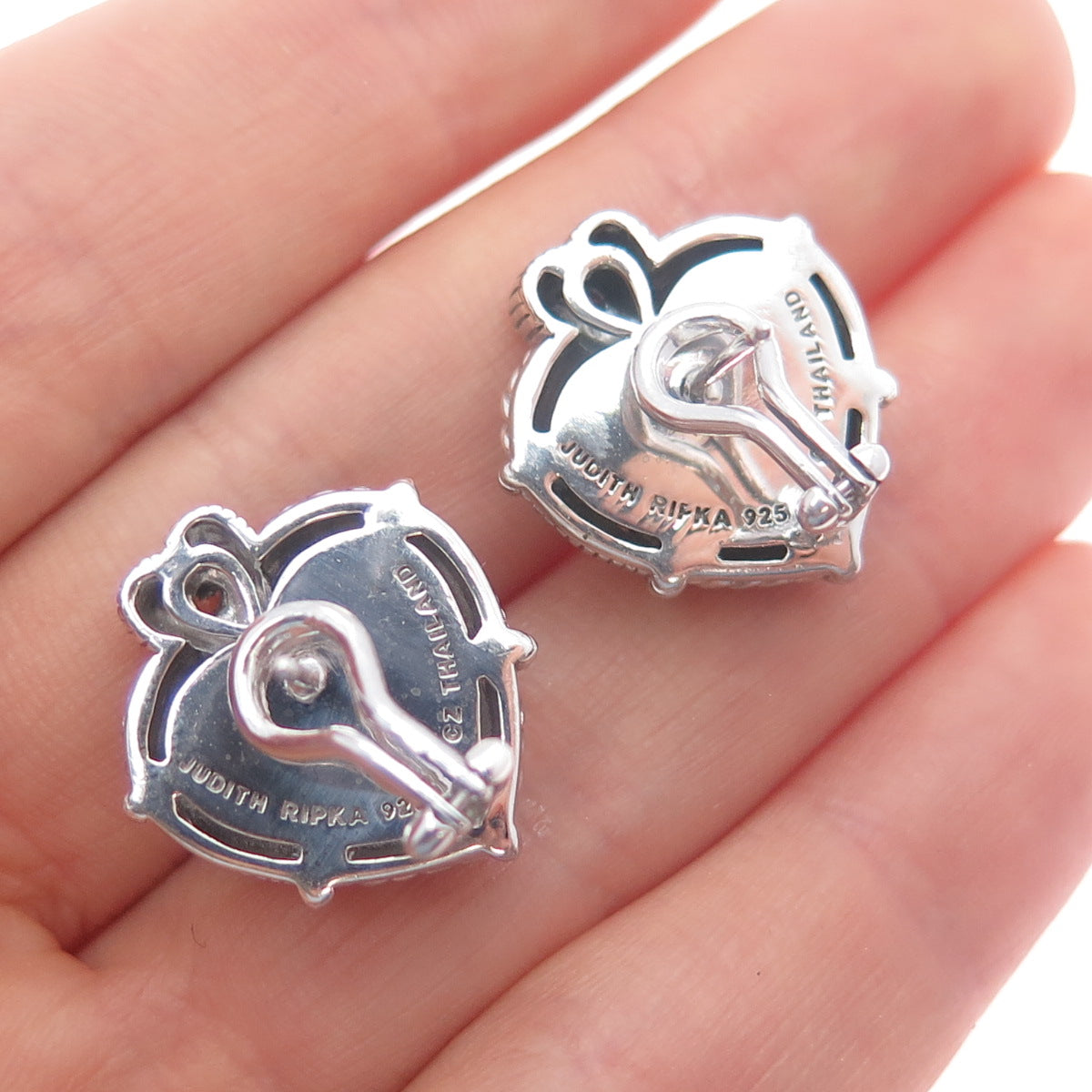 JUDITH RIPKA 925 Sterling Silver Real MOP & C Z Heart Omega Back Earrings