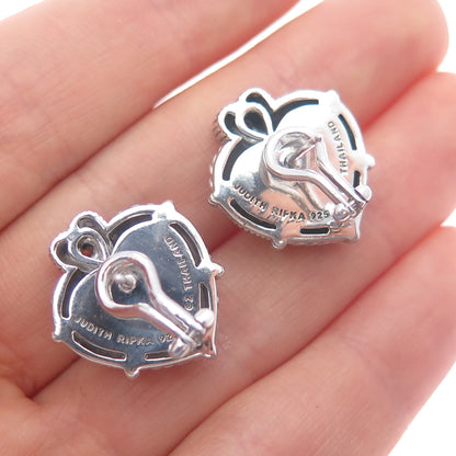 JUDITH RIPKA 925 Sterling Silver Real MOP & C Z Heart Omega Back Earrings