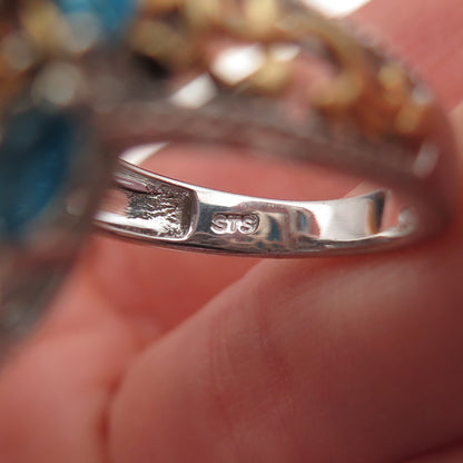 Chuck Clemency 925 Sterling Silver 2-Tone Real Multi-Color Gem Ring Size 8.25