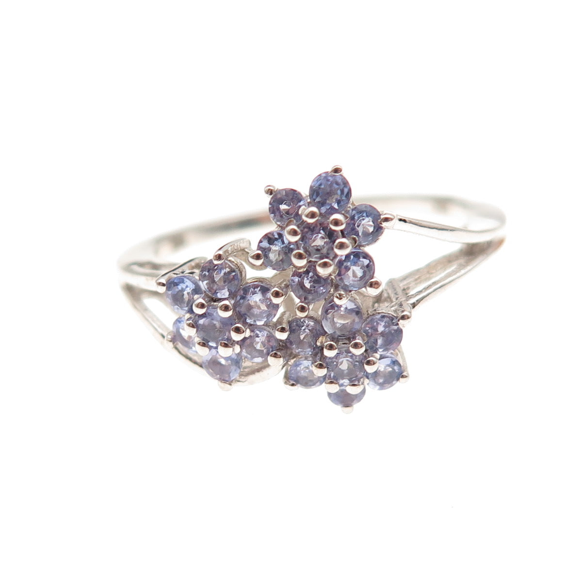 Chuck Clemency 925 Sterling Silver Real Round-Cut Tanzanite Floral Ring Size 8