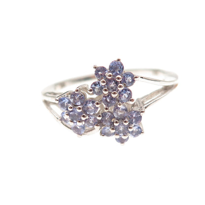 Chuck Clemency 925 Sterling Silver Real Round-Cut Tanzanite Floral Ring Size 8