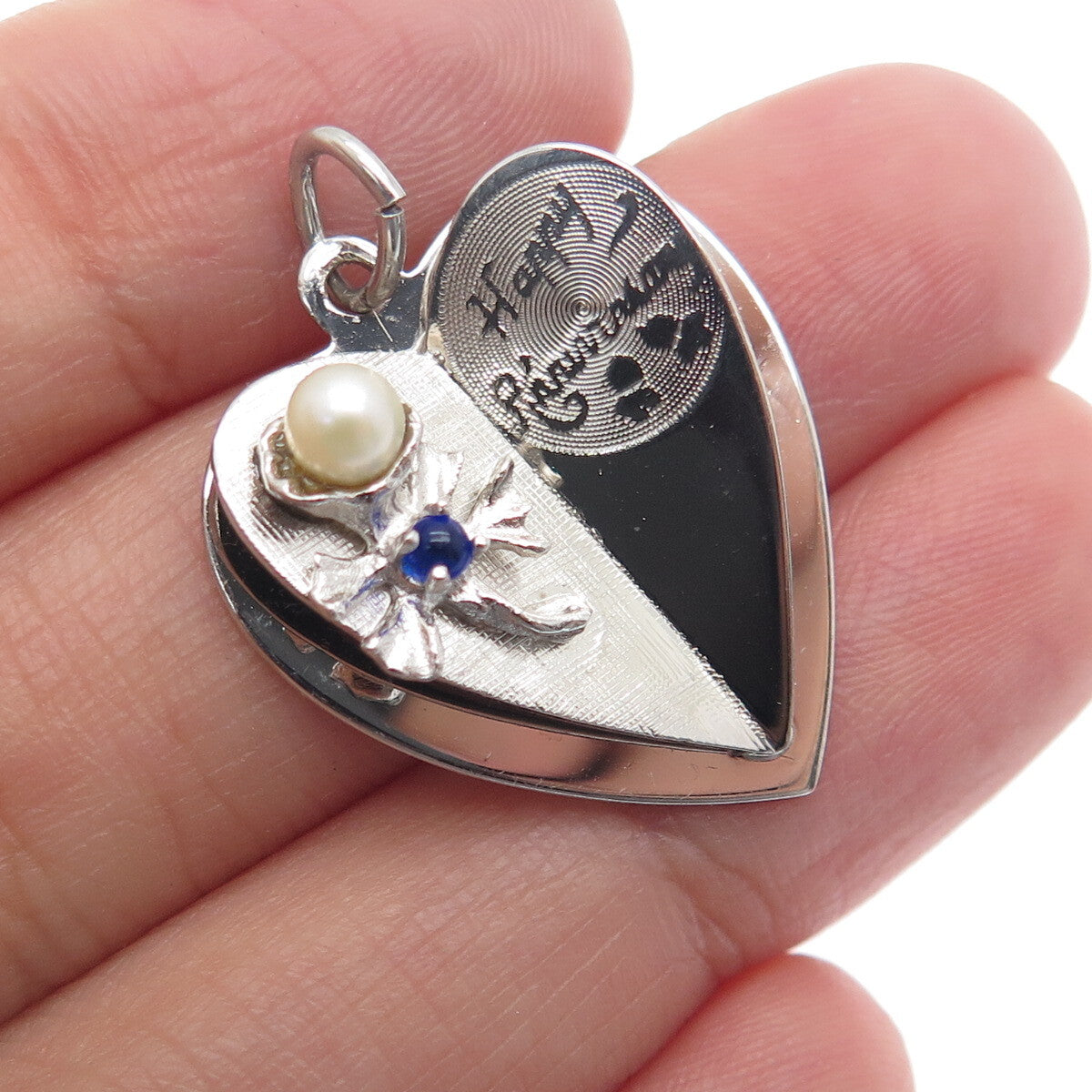 925 Sterling Vintage M&M Real Pearl Rhinestone Anniversary Heart Mini Pendant
