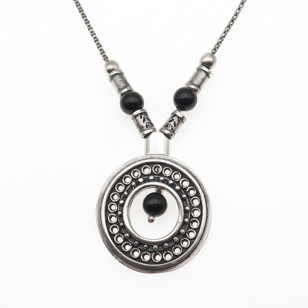 925 Sterling Silver Vintage Real Black Onyx Modernist Disc Chain Necklace 32"