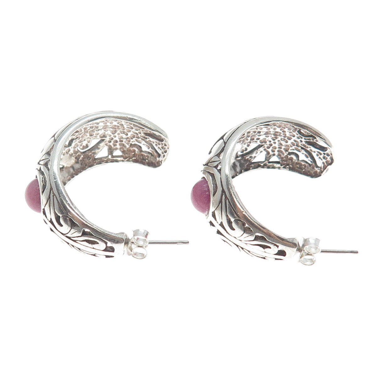 JEZLAINE 925 Sterling Silver Vintage Real Rhodonite Gem Floral Oxidized Earrings