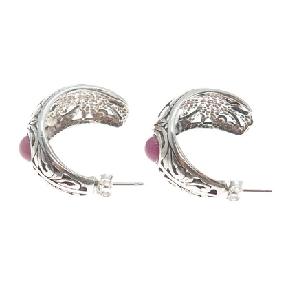 JEZLAINE 925 Sterling Silver Vintage Real Rhodonite Gem Floral Oxidized Earrings