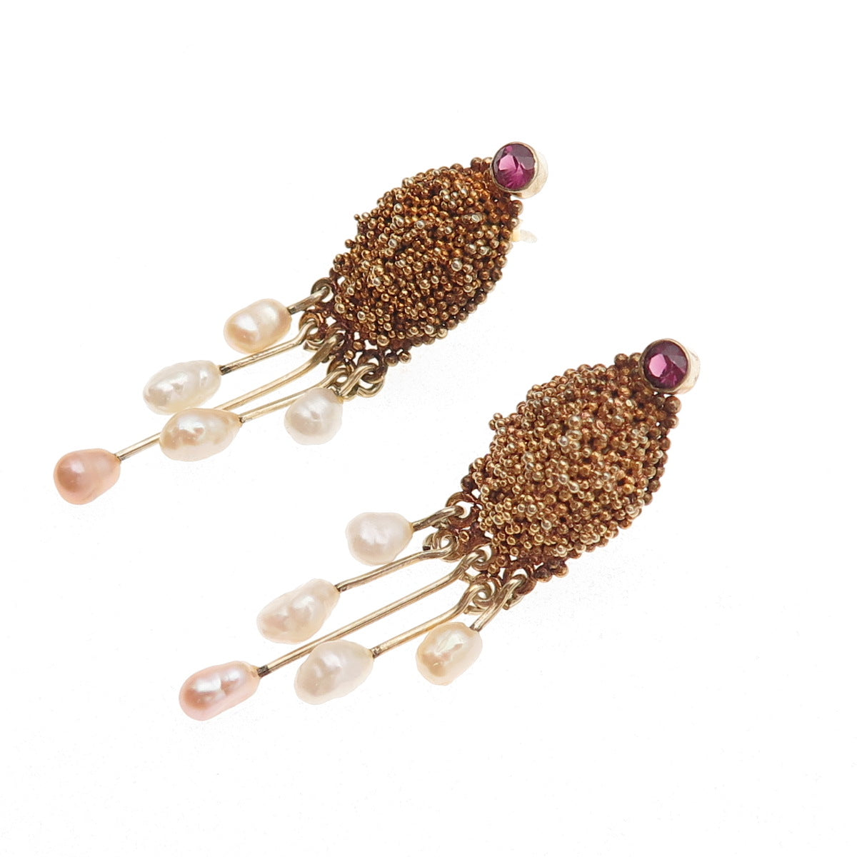 925 Sterling Silver Gold Plated Vintage Real Pearl & Amethyst Modernist Earrings