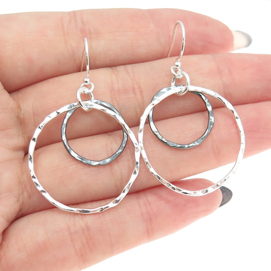 925 Sterling Silver 2-Tone Hammered Circles Dangling Earrings