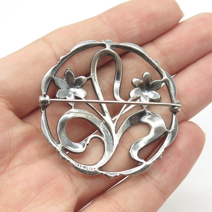 925 Sterling Silver Vintage Floral Blossom Round Pin Brooch