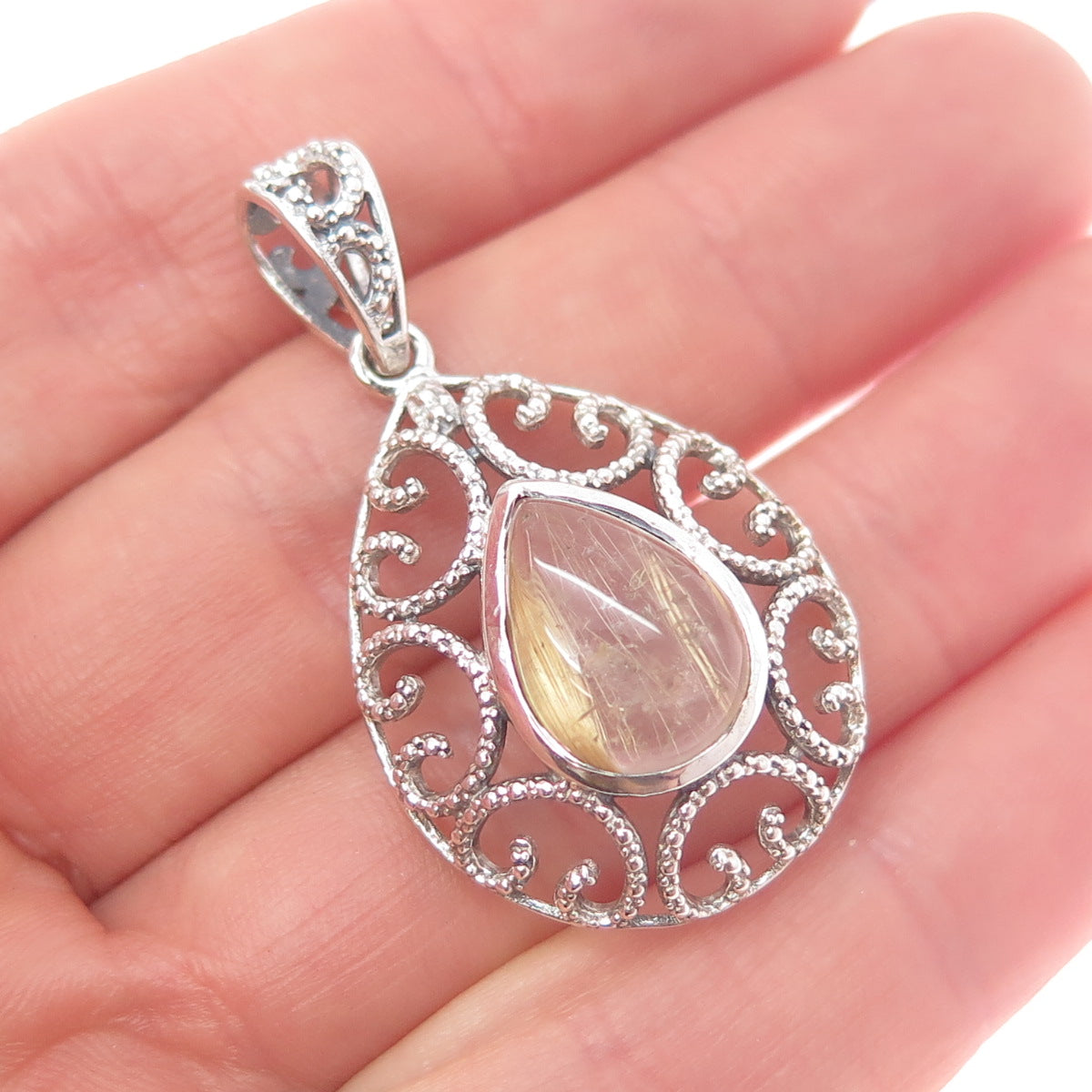 925 Sterling Silver Vintage Real Rutilated Quartz Ornate Teardrop Charm Pendant