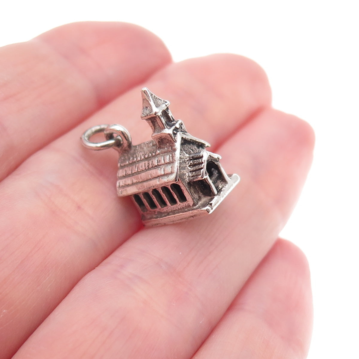 Felchcraft 925 Sterling Silver Antique Art Deco Church Oxidized 3D Charm Pendant