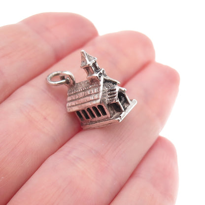 Felchcraft 925 Sterling Silver Antique Art Deco Church Oxidized 3D Charm Pendant