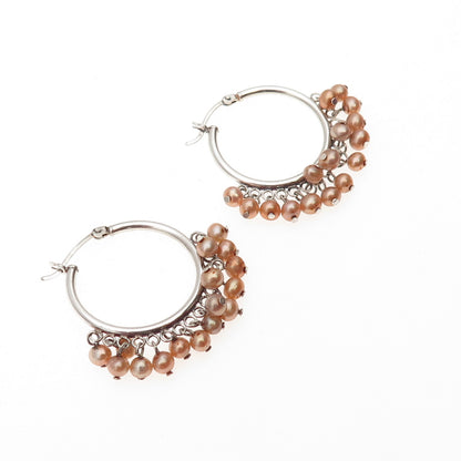 925 Sterling Silver Vintage Real Pearl Dangle Beads Hoop Earrings