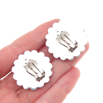 925 Sterling Silver 2-Tone Vintage Mexico Sun Beaded Oxidized Clip On Earrings