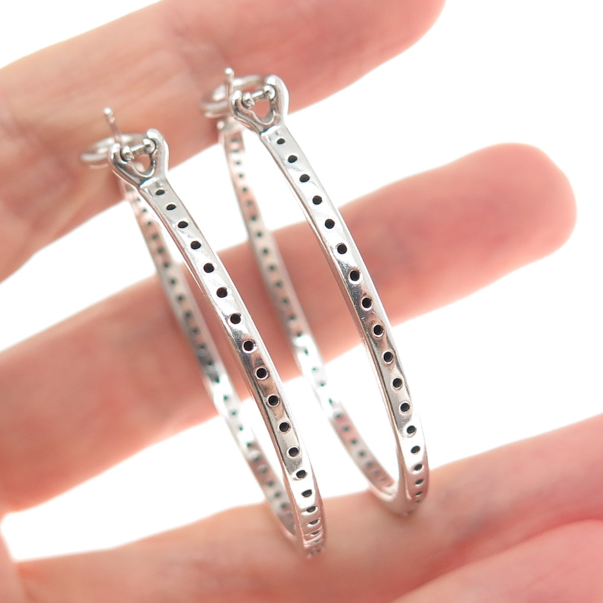 925 Sterling Silver Real Round-Cut Black Spinel In & Out Hoop Earrings