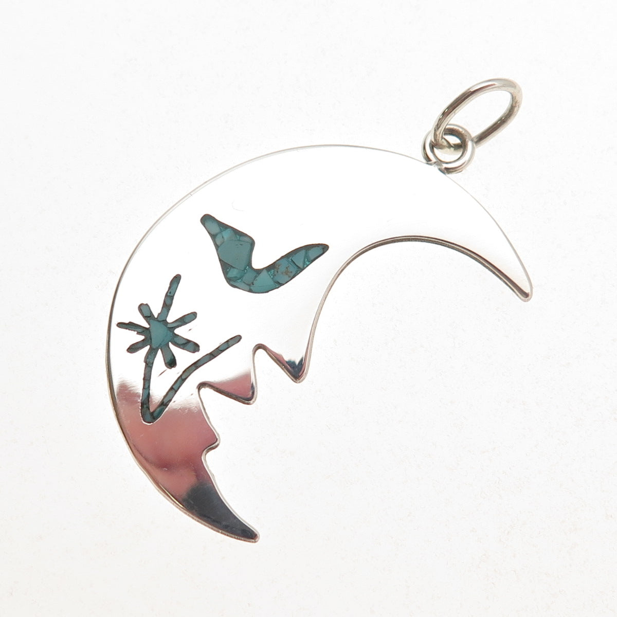 925 Sterling Silver Vintage Real Turquoise Inlay Crescent Moon Charm Pendant