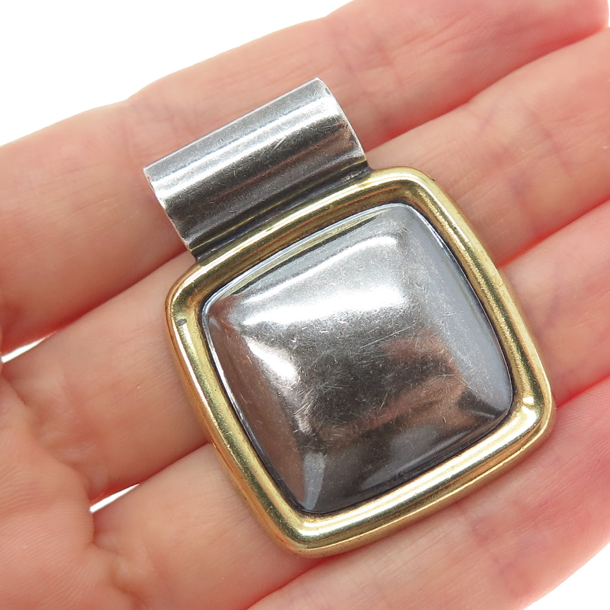 LATON 925 Sterling Silver 2-Tone Vintage Mexico Modernist Oxidized Slide Pendant