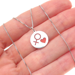 925 Sterling Silver Red Enamel Female Symbol Heart Box Chain Necklace 18"
