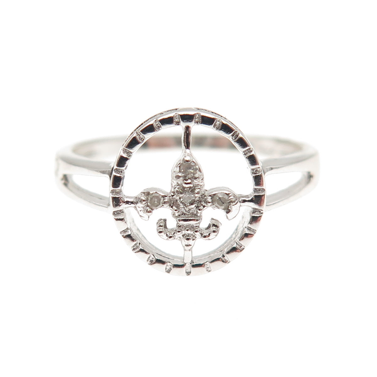 925 Sterling Silver Real Round-Cut Diamond Fleur de Lis Ring Size 7