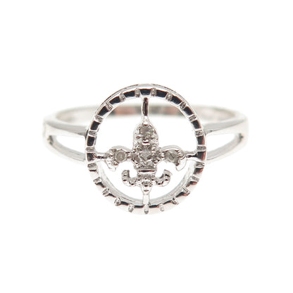 925 Sterling Silver Real Round-Cut Diamond Fleur de Lis Ring Size 7