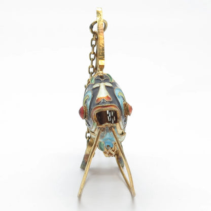 925 Sterling Silver Gold Plated Antique Enamel Chinese Koi Fish Articulated Fob