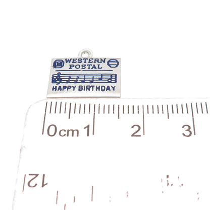 925 Sterling Vintage Enamel Western Postal Happy Birthday Card Mini Pendant