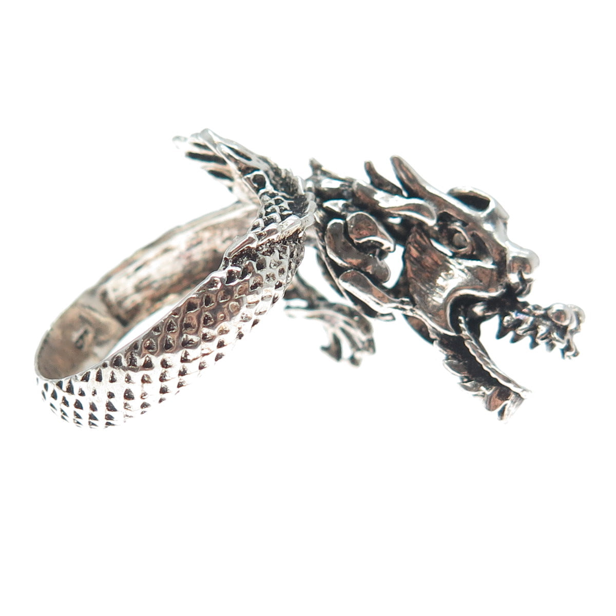 925 Sterling Silver Vintage Dragon Movable Head Oxidized Adjustable Ring Size 10