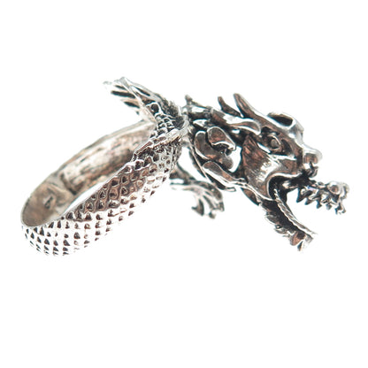 925 Sterling Silver Vintage Dragon Movable Head Oxidized Adjustable Ring Size 10