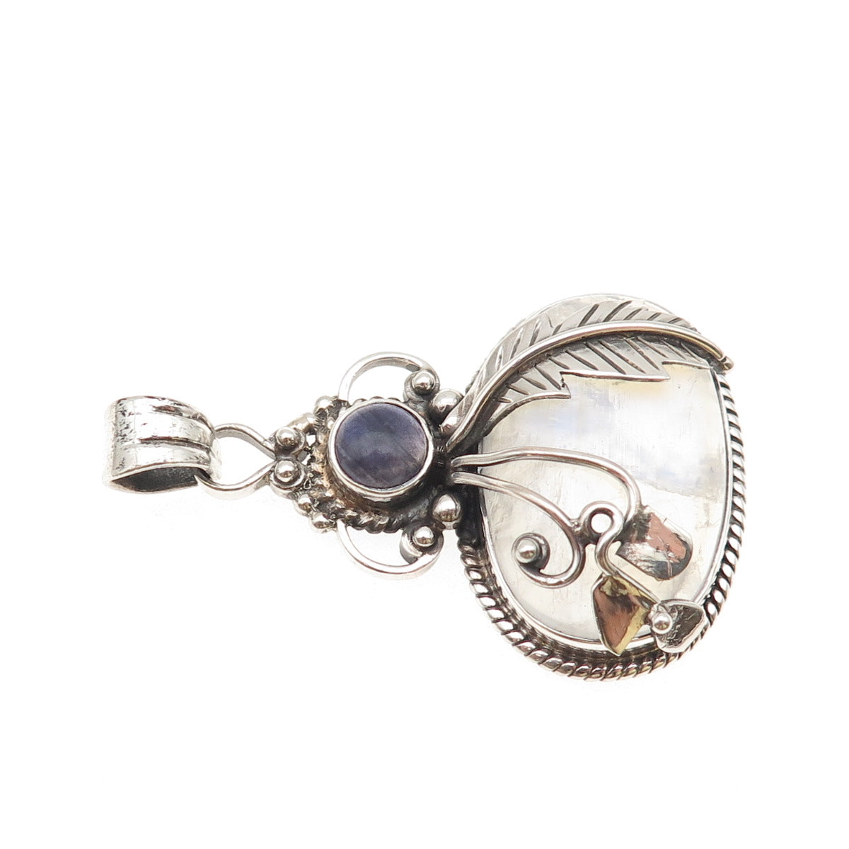 925 Sterling Silver Vintage Real Moonstone & Iolite Feather Large 22.4g Pendant