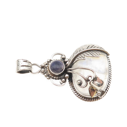 925 Sterling Silver Vintage Real Moonstone & Iolite Feather Large 22.4g Pendant