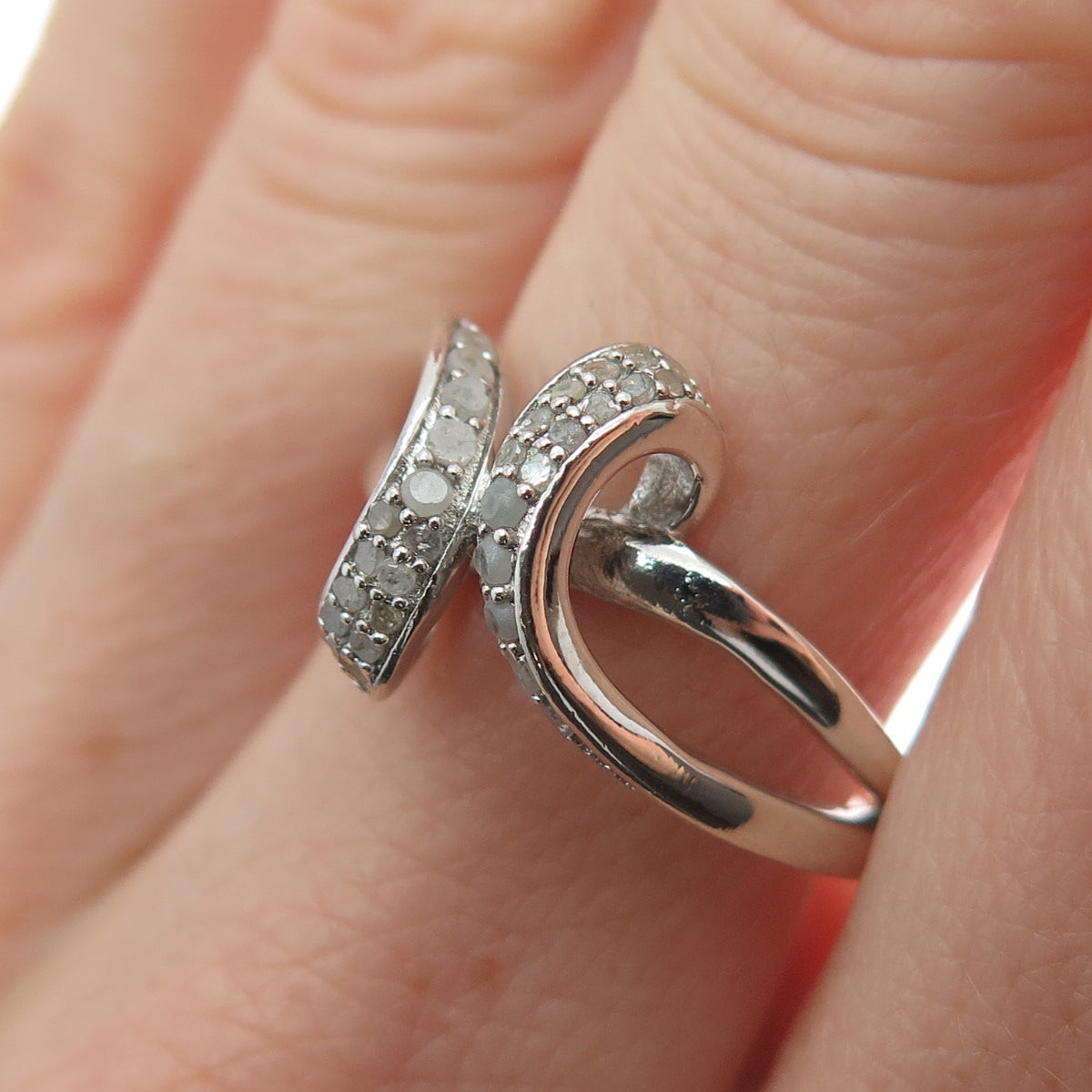 925 Sterling Silver Real Round-Cut Diamond Bypass Ring Size 8.25