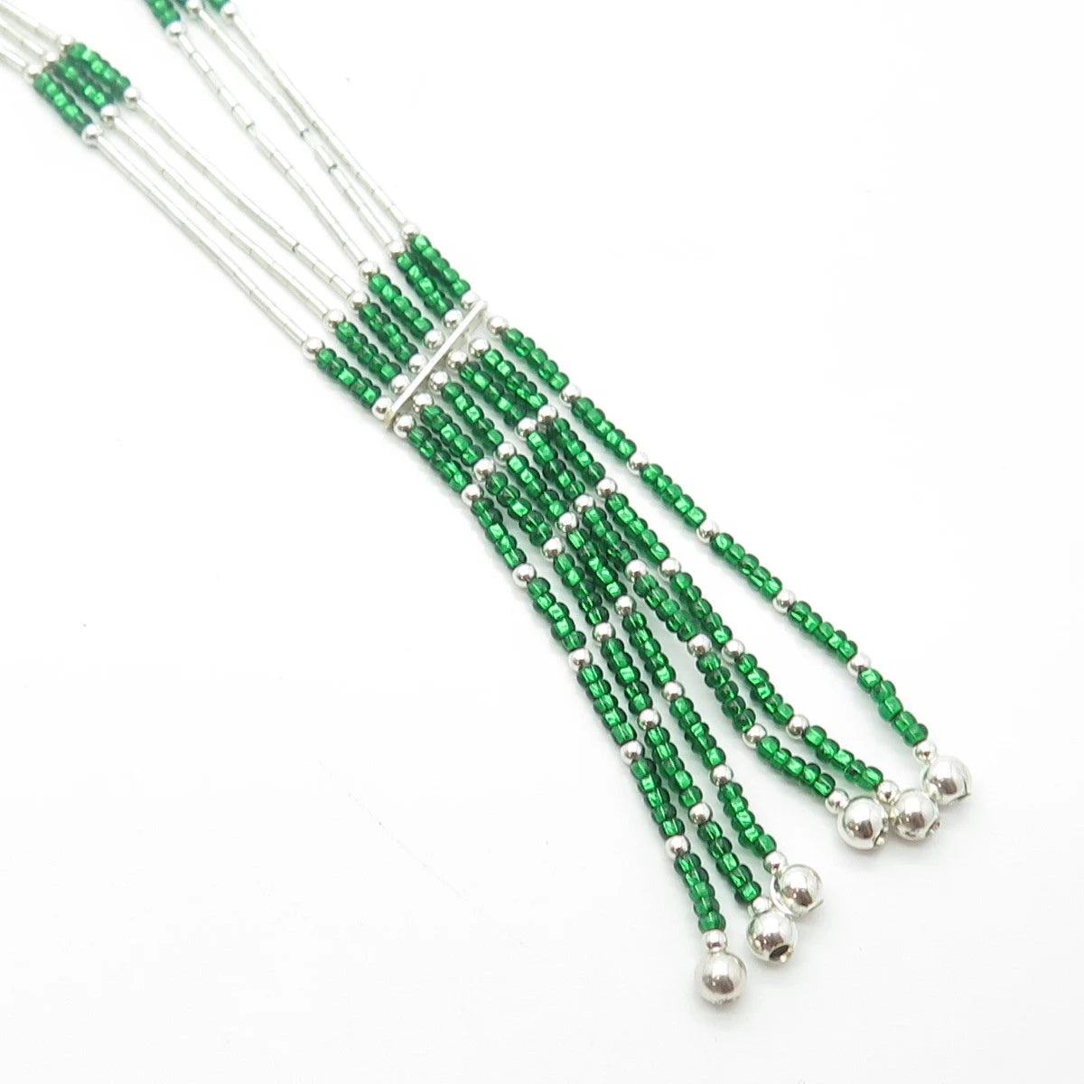 925 Sterling Silver Old Pawn Sunrise Southwestern Green Bead Liquid Necklace 20"