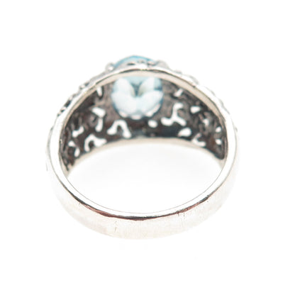 925 Sterling Silver Vintage Real Blue Topaz Modernist Oxidized Ring Size 9