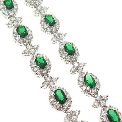 925 Sterling Silver Green & White C Z Bohemian Chain Necklace 16"