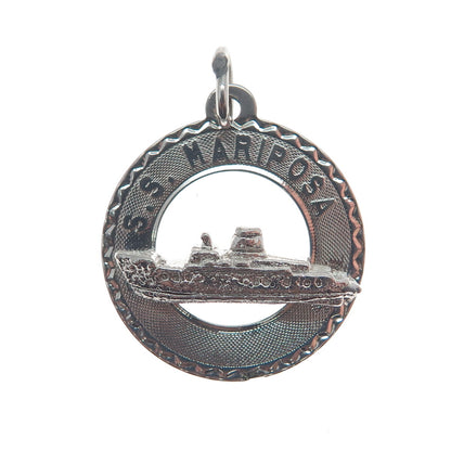 CREA 925 Sterling Silver Antique SS Mariposa Ship Round Charm Pendant