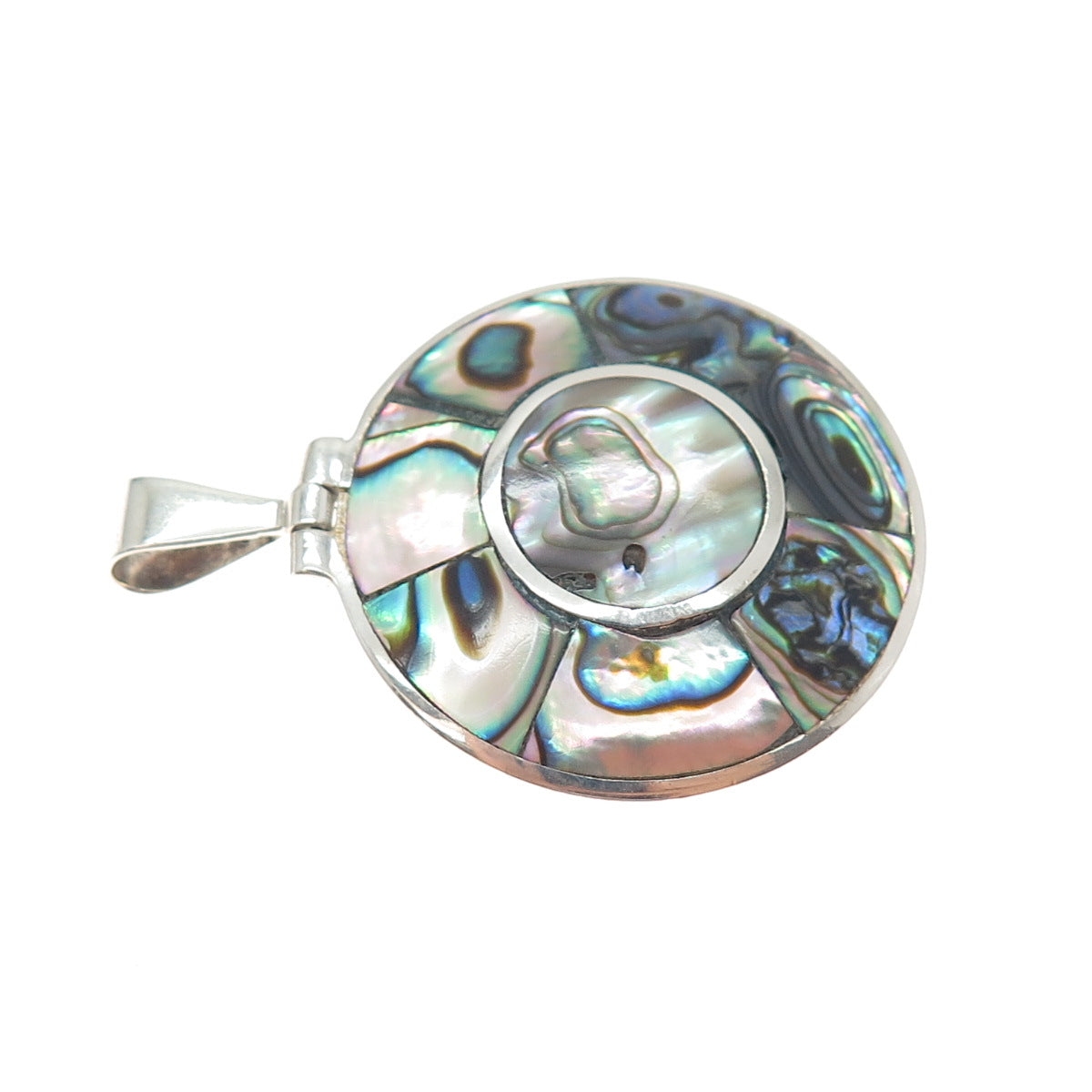 925 Sterling Silver Vintage Mexico Real Abalone Shell Modernist Charm Pendant