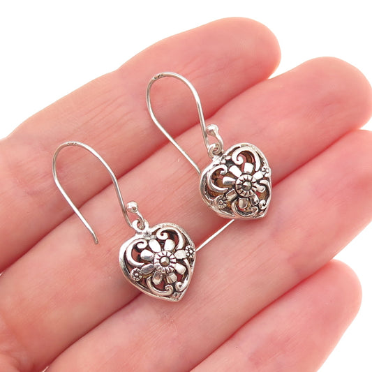 925 Sterling Silver Vintage Real Marcasite Floral Heart Dangle Earrings